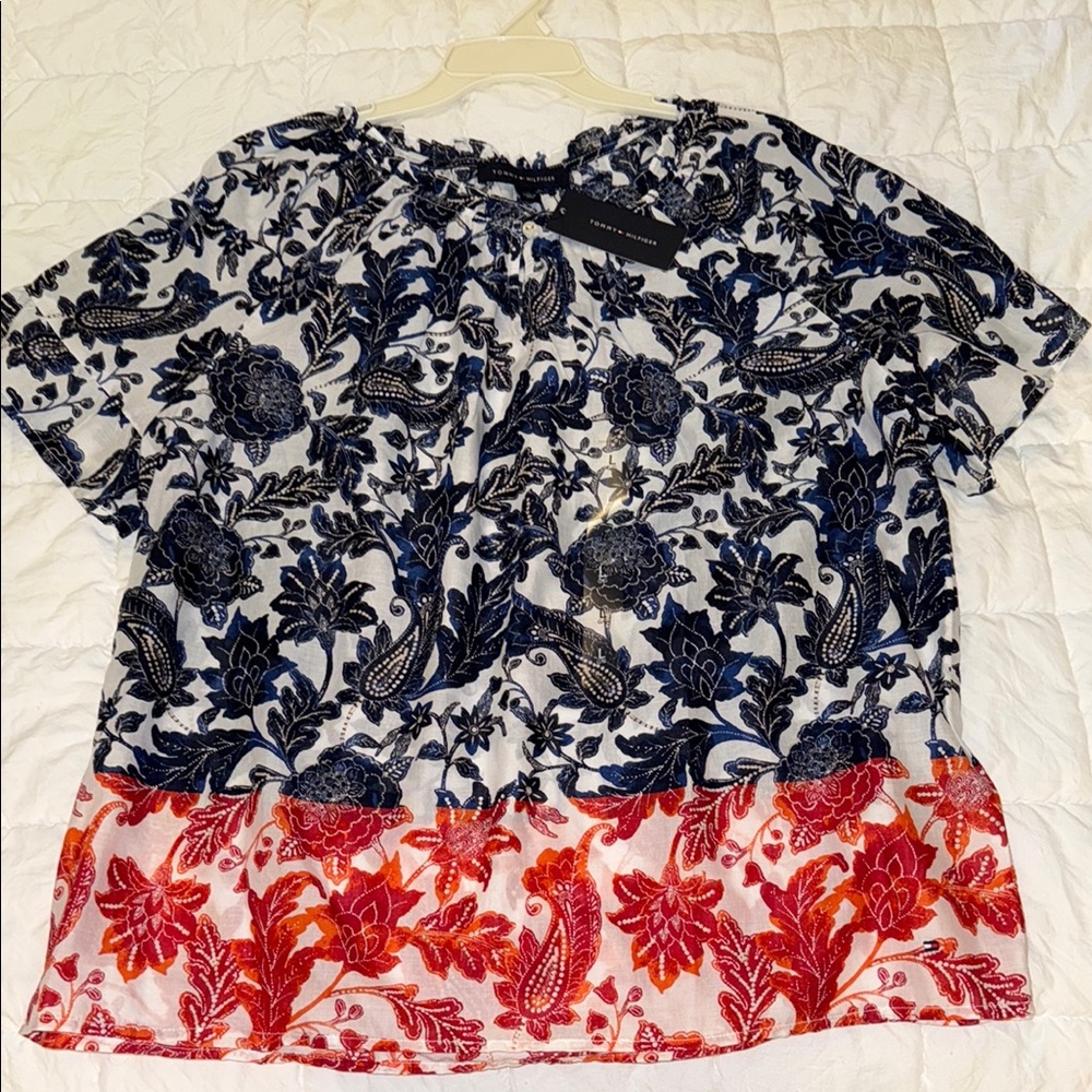 Tommy Hilfiger Relaxed Blue and White Short Sleeve Blouse